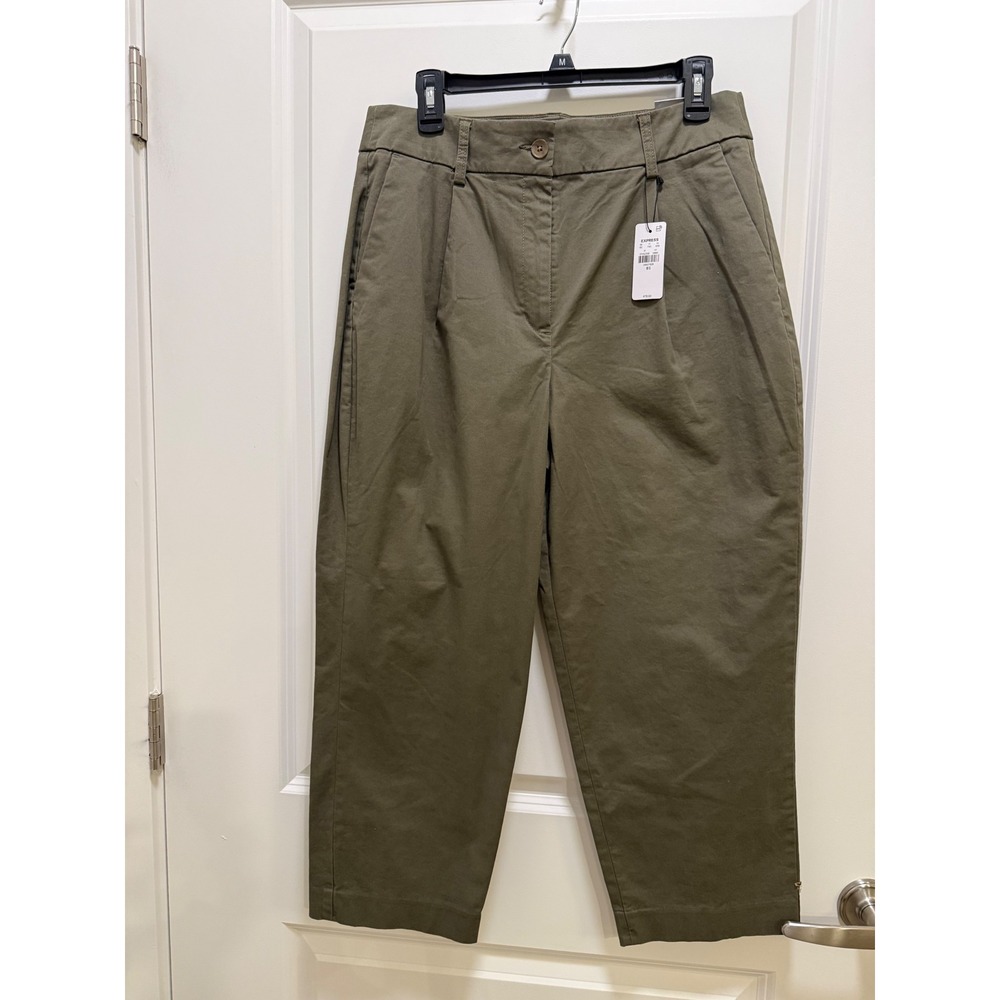 Express Womens High Rise Ankle Pleated Tapered Pants Olive Green 10S NWT